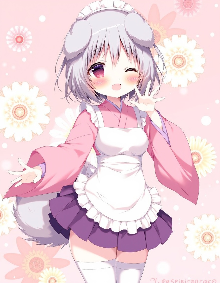 shiratama_(shiratamaco), commentary_request, highres, 1girl, ;d, animal_ears, apron, blush, dog_ears, dog_girl, dog_tail, floral_background, frilled_apron, frilled_sleeves, frills, grey_hair, hair_between_eyes, hand_up, japanese_clothes, kimono, long_sleeves, looking_at_viewer, maid, maid_apron, maid_headdress, one_eye_closed, pink_background, pink_kimono, pleated_skirt, purple_skirt, red_eyes, , skirt, sleeves_past_wrists, smile, solo, tail, thighhighs, wa_maid, white_apron, white_thighhighs, wide_sleeves, , original, year_2023,, <lora:flux-Shiratamaco-000006:1>