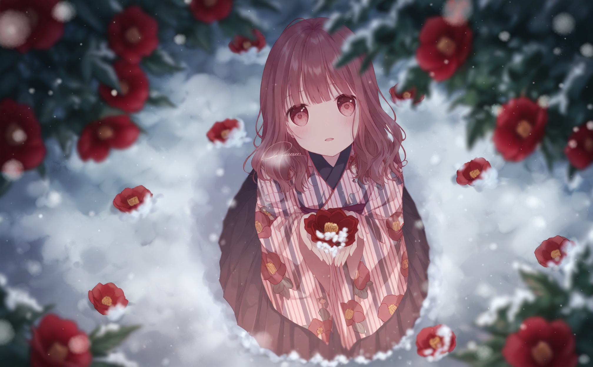 best, 1girl, solo, camellia, japanese clothes, flower, snow, brown hair, looking at viewer, holding, kimono, blurry, brown eyes, long hair, parted lips, cupping hands, floral print, red flower, signature, snowing, holding flower, striped kimono, skirt, depth of field, looking up, print kimono, outdoors, long sleeves, from above, blurry foreground, own hands together, blurry background, hands up, brown skirt, striped clothes, vertical-striped kimono, blunt bangs, winter, wide sleeves, artist name, pleated skirt, standing, black skirt, medium hair, full body, blush, petals, open mouth, red hair, wavy hair, hakama, yagasuri, yukata, vertical-striped clothes, twitter username, red eyes, head tilt, hakama skirt, pink kimono, <lora:lp42.e-000046:0.8>