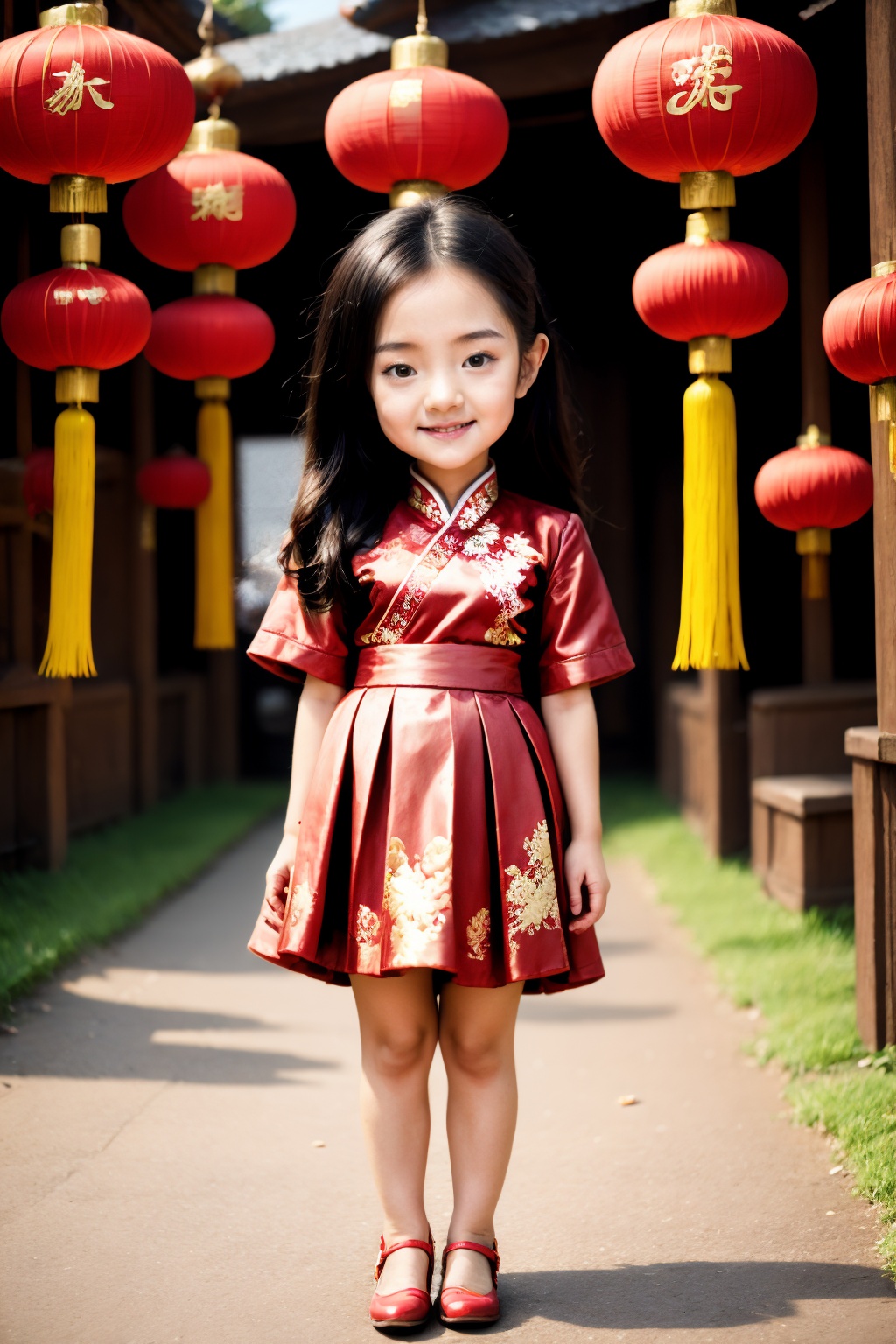 <lora:ChineseNewYear:0.8>, chinese new year, girl, (smirk:-0.4), long hair, arms at sides, red chinese clothes, paper lantern, full body, leather shoes, (chibi:0.5),