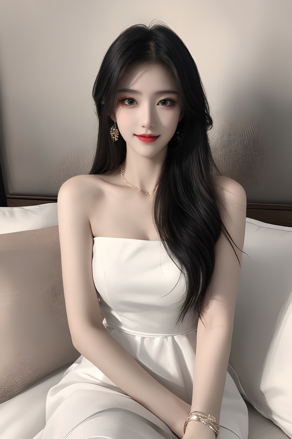 1girl, black hair, bracelet, dress, green eyes, lips, long hair, looking at viewer, pillow, realistic, sitting, smile, solo, watch, white dress, wristband, wristwatch  <lora:1.0:0.8>