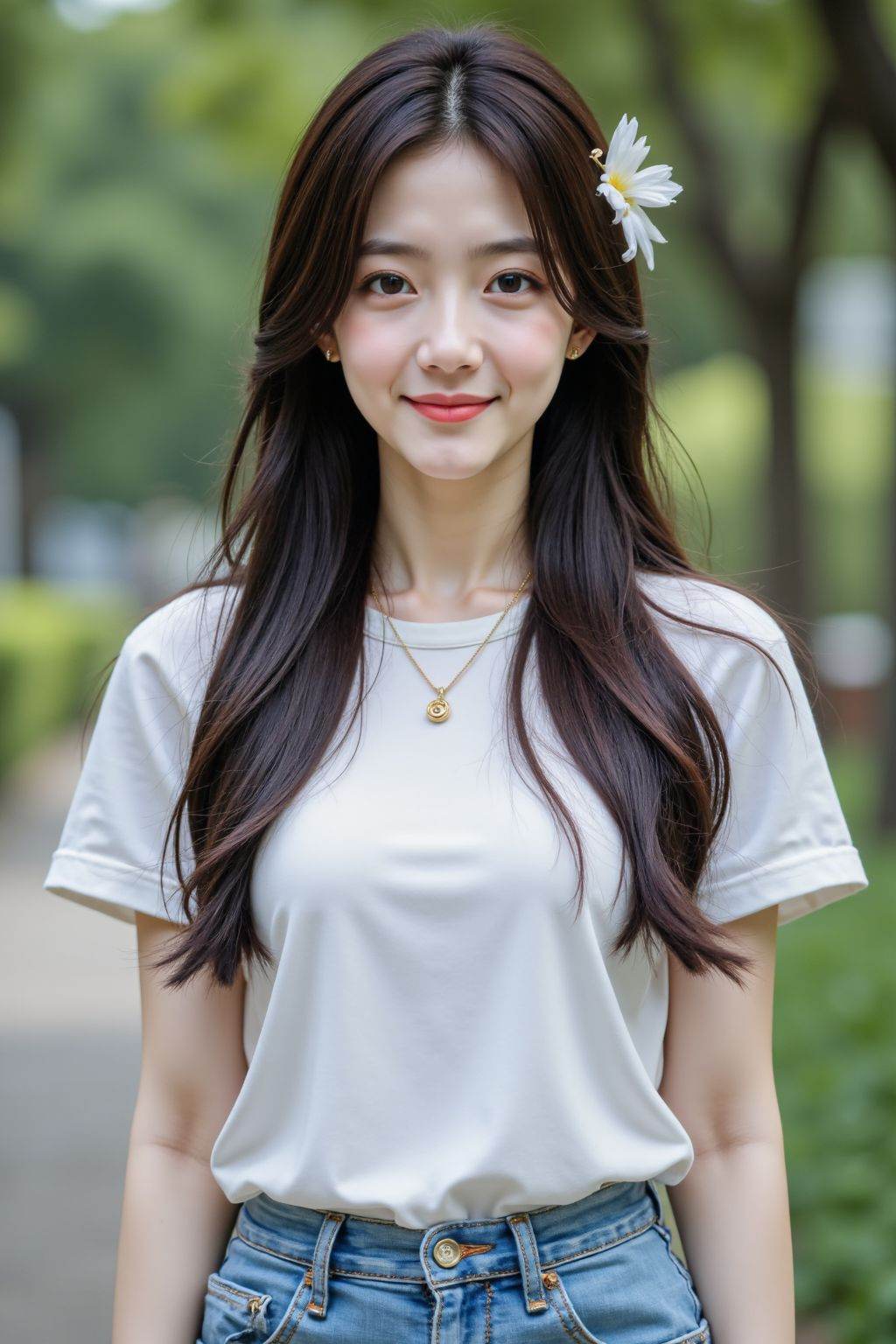HDR photo of cinematic film still, 1girl, solo, long hair, looking at viewer, skirt, brown hair, shirt, black hair, hair ornament, smile, brown eyes, jewelry, white shirt, flower, outdoors, necklace, jeans, realistic,