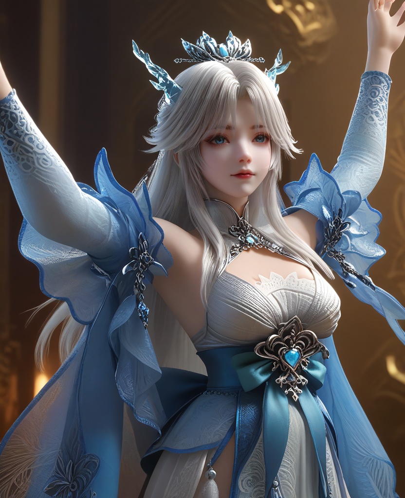 (Balancing on a narrow surface, arms outstretched, showing gracefulness,:1.1),looking at viewer,(large breasts:1.2),<lora:XL16云深不知梦龙儿:0.95>,miss longer,white dress with blue train,blue eyes,mole under left eye,white hair,long hair,half-up braid with long cascading hair,hair ornament,blue wide flowing sleeves,sash,opera gloves sleeves of white,crystal horns,adolescent girl,, score_9,score_8_up,score_7_up,score_6_up,score_5_up,score_4_up,3d rendering,tag1,tag2, Cinematic Lighting,backlighting,