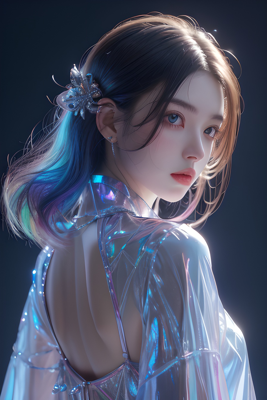 1girl,jewelry, iridescence,  look back, upper body,light pink background, (32k, best quality, highres, masterpiece:1.21), (realistic:1.331), detailed and intricate, (iridescent hair:1), <lora:20240218-1708234260649:0.4>, <lora:幻光琉璃Phantasmal Luminous The Radiance of Rainbow Dispersion:0.6>