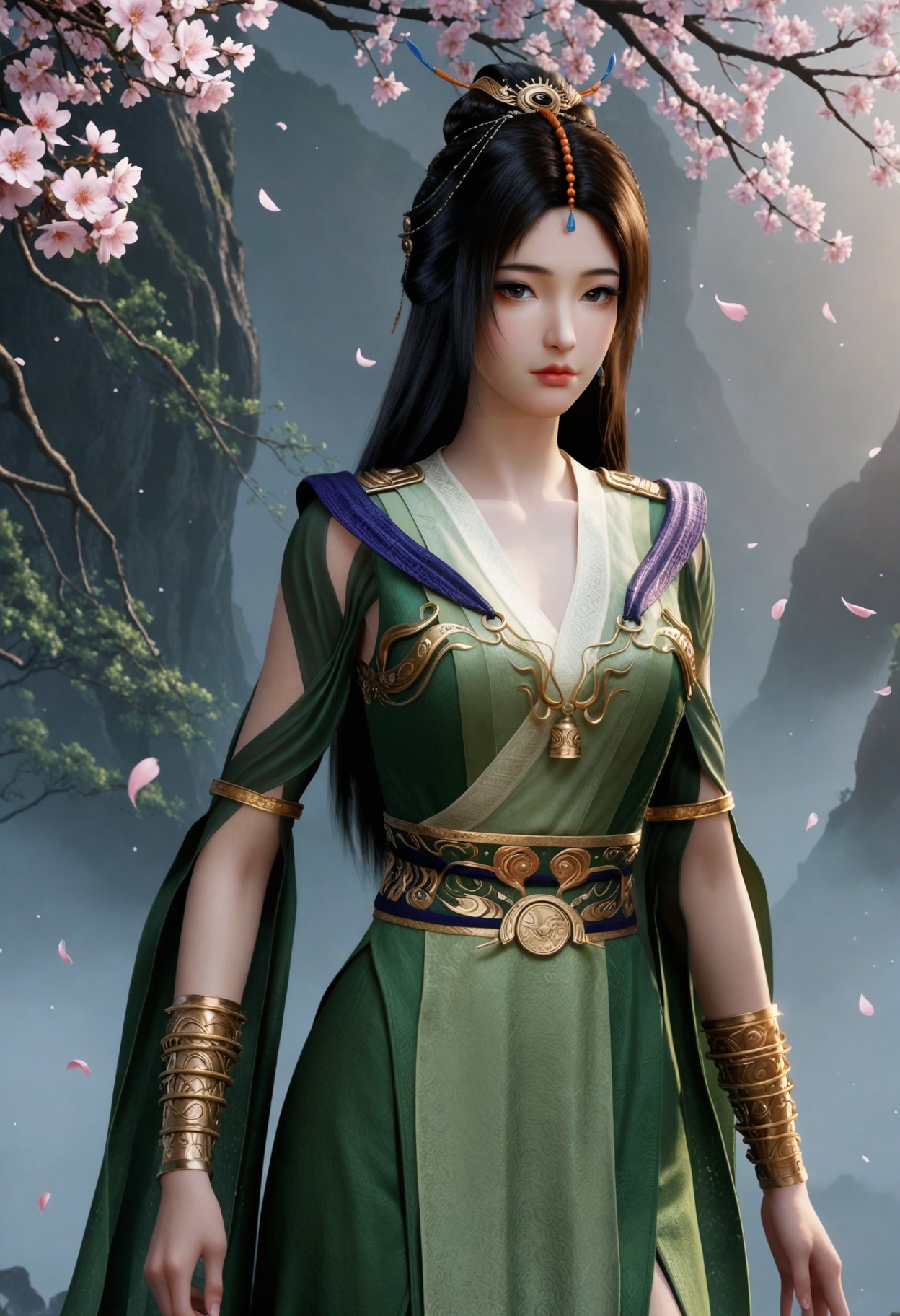 (looking at viewer:1.1),upper body,(moody lighting:1.1),peach blossom,falling petals,(large breasts:0.8),liuyu,1girl,solo,black hair,hair ornament,long hair,green dress,realistic,dress,chinese clothes,closed mouth,jewelry,bracelet,sash,hair bun,brown eyes,clothing cutout,barefoot BREAK masterpiece,(best quality),(intricate details:0.9),(realistic skin:1.2),<lora:QQSillliuyuV1:0.8>,
