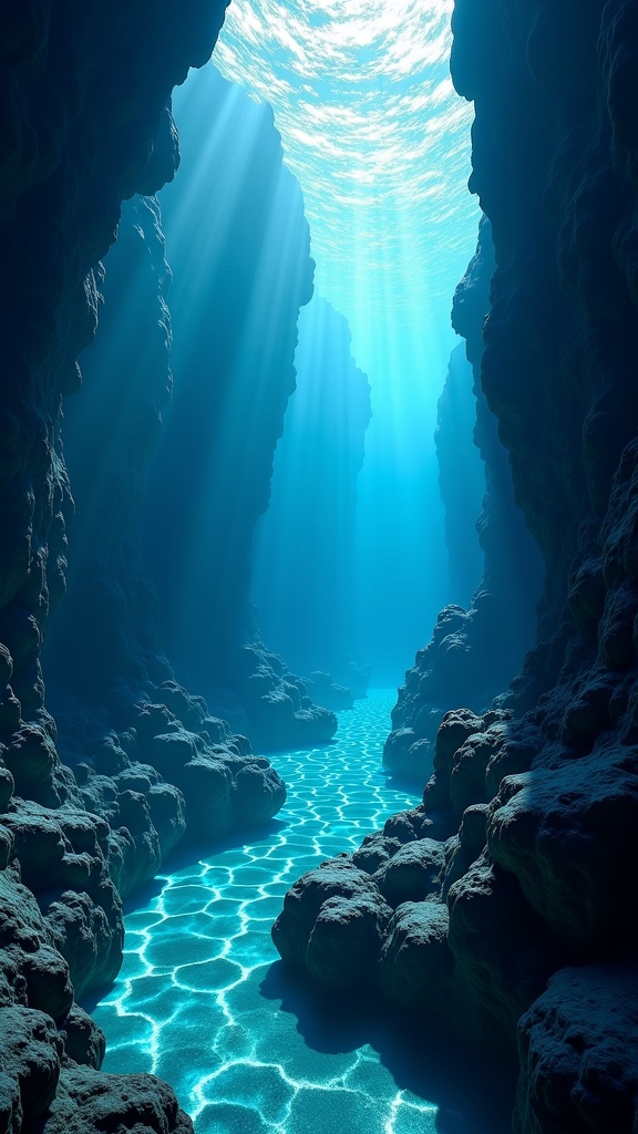 there is a large cave with a river running through it,deep chasm,subsurface light transmission,deep sea landscape,deep sea picture,watery caverns,mariana trench,underwater light rays,underwater ocean,subsurface illumination,deep dark sea,very deep sea,underwater landscape,descend into the deep,deep cave,light rays from the surface,volumetric light water,deep ocean,deep sea,depths,cataract. subsurface scattering,deep underwater scene,dark underwater alien ocean,sea underneath,a dark underwater scene,underwater crystal caverns,subsurface,deep water,deep underwater,underwater environment,dark ocean water,deep blue oceans,an underwater alien ocean,