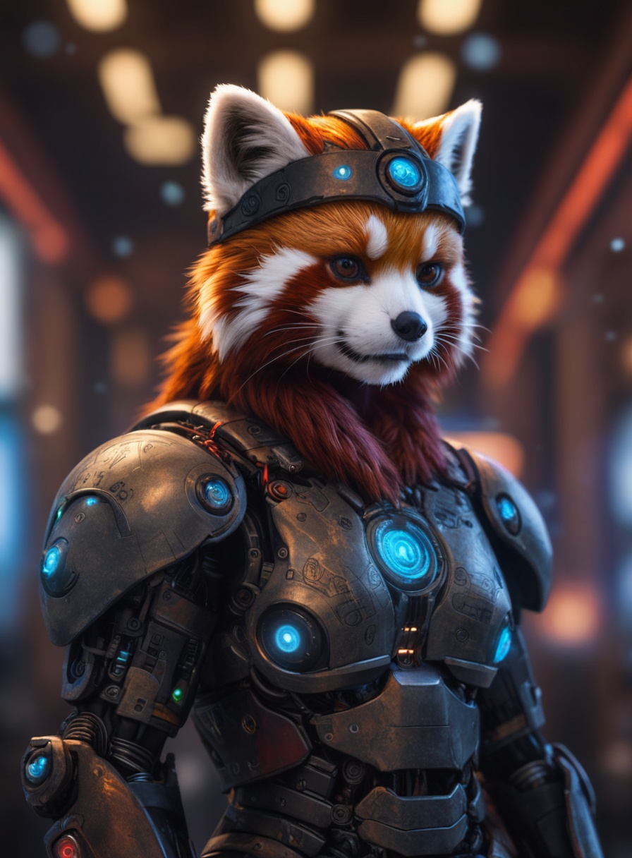 cyberpunk viking red panda with robotic parts,  epic background,  glowing runes on Tensor.Art