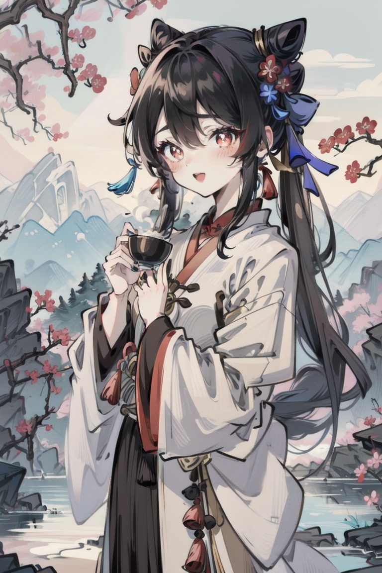 ((HRD, HUD, 8K)),((masterpiece, best quality)), highly detailed,YuanShen, 1girl, hu tao (genshin impact), flower-shaped pupils, symbol-shaped pupils, boo tao (genshin impact), smile, red eyes, long hair, flower, holding, plum blossoms, open mouth, looking at viewer, hair ornament, long sleeves, sidelocks, brown hair, bangs, tassel, ghost, solo, outdoors, alternate hairstyle, chinese clothes, hair flower, hair between eyes, hair bun, blush, wide sleeves, :d, mountain, sash, alternate costume, standing, twintails, black hair, cup, red flower, black nails, star-shaped pupils, holding cup, hanfu, bowl, cowboy shot, <lora:20240318-1710771192163:0.9>
