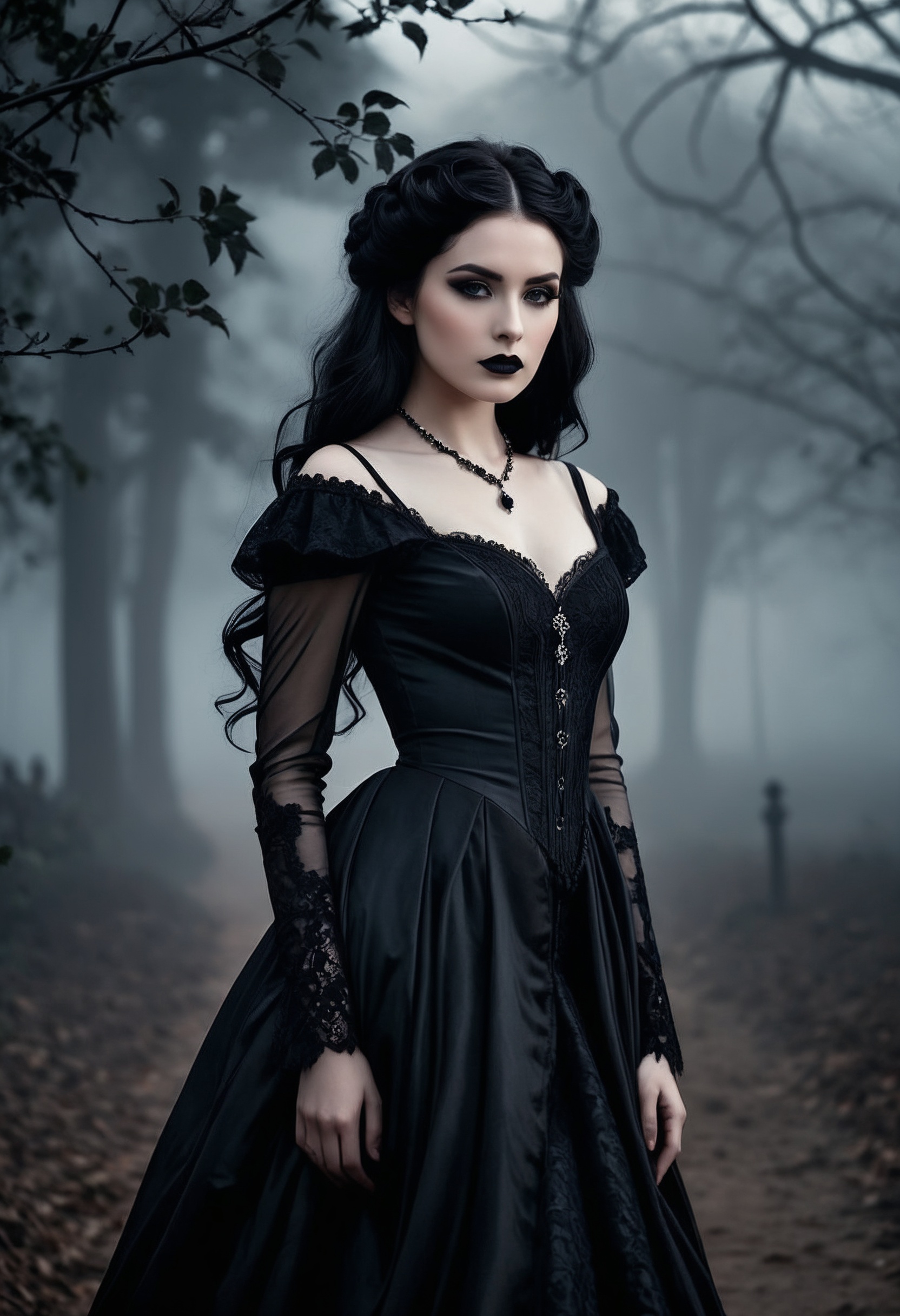 A photorealistic portrayal of a gothic beauty,  featuring a 1girl with long flowing black hair,  dressed in an elegant bla...