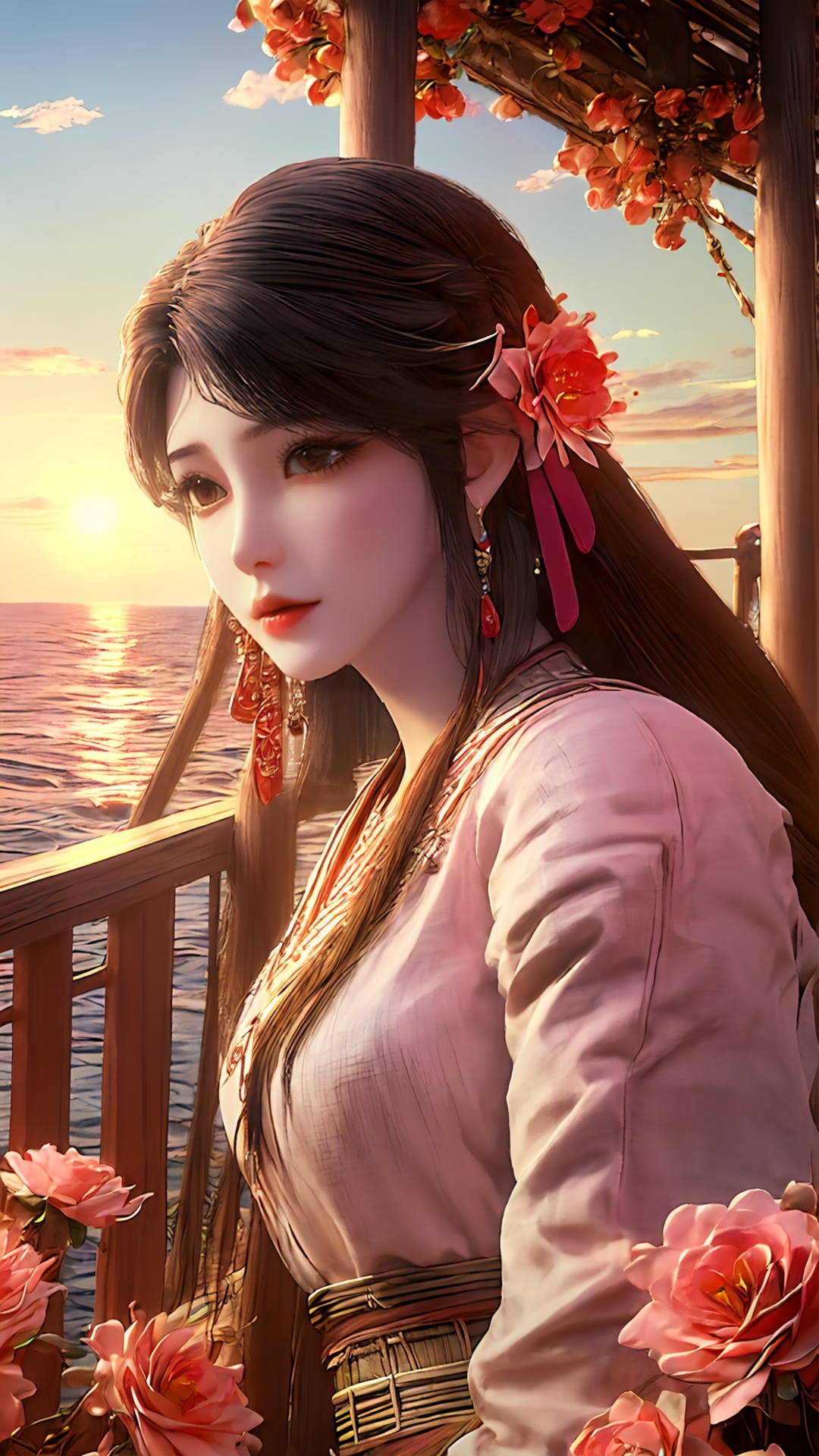 hle,1girl,solo,outdoors,(looking_at_viewer:1.2),headpiece,jewelry,chinese clothes,earrings,hair flower,hair ornament,jitome,outdoors,sky,flower,tree,cloud,sunset,pink flower,sun,sunlight,<lora:火灵儿-上界装扮-王导:0.8>,<lora:玫瑰花场景-王导:0.8>,over the sea,sand,pink roses,