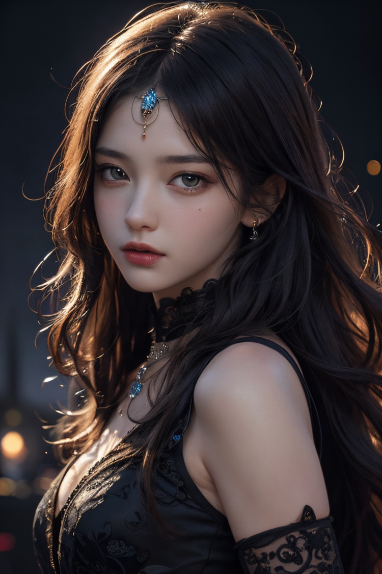 official art,beautiful and aesthetic,1girl,long hair,beautiful face,detailed eyes,colorful,jewelry,night,(realistic:1.5),extreme detailed,(fractal art:1.3),witch