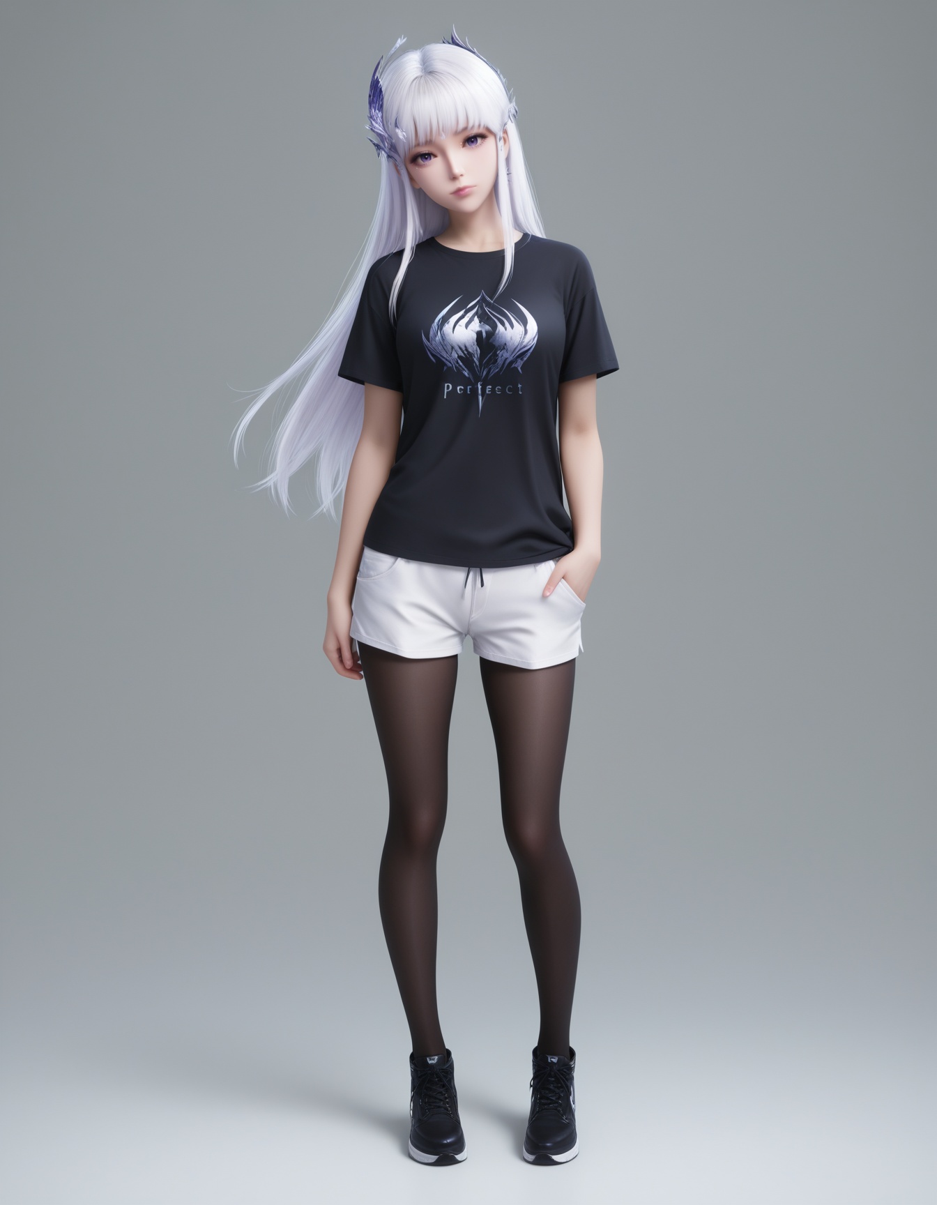 masterpiece,best quality,realistic,cinematic,detail eyes,(ultra-detailed),perfect composition,intricate details,absurdres,detailed face,high quality,high res,8K,white hair,purple eyes,hair_ornament,<lora:X_shengcaier_f_IL4.0:0.8>,1girl,solo,pantyhose,shirt,white shorts,shorts,full body,black footwear,long hair,black pantyhose,black shirt,short sleeves,looking at viewer,simple background,standing,hand in pocket,shoes,closed mouth,grey background,head tilt,t-shirt,