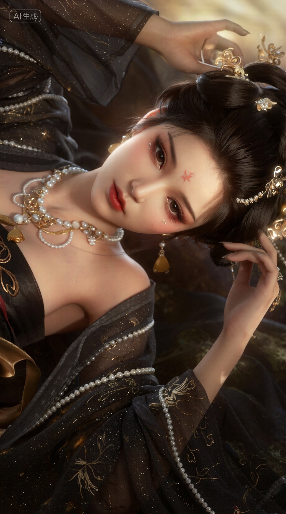 3D角色设计,面部特写,倾斜的俯视构图,一位身着华丽古风服饰的亚洲少女侧躺在床上,眼神迷离地凝视着镜头,她化着精致的泪痣妆,身穿带有金色刺绣和珍珠装饰的黑色薄纱长袍,她的头发盘成复杂的发髻,饰有金色的发簪,一只手轻轻抚摸着发髻,柔和的顶光和浅景深效果营造出暧昧的氛围,PBR写实渲染,亚洲少女,俯视构图,浅景深,古风服饰,电影感调色,柔和光影,俯视角,精致妆容,, Negative prompt: ng_deepnegative_v1_75t,(badhandv4:1.2),EasyNegative,(worst quality:2),,nsfw, Steps: 40, Sampler: Euler, CFG scale: 1.0, Seed: 1359309029, Size: 928x1664, Model hash: 98763a1277, Model: Qwen-Image_1.0.safetensors, Denoising strength: 0, RNG: CPU, Lora 1: 【摸鱼】3D, Lora Hash 1: 2106c5bf96, Lora Weight 1: 0.8, Lora 2: 【摸鱼】3D电商渲染级KV海报_创意视觉表达, Lora Hash 2: ce1227b095, Lora Weight 2: 0.4, Lora 3: Qwen-Image-Lightning-8steps-V1.1-bf16.safetensors, Lora Hash 3: fe04c3ec1d, Lora Weight 3: 0.6, vae_name: automatic