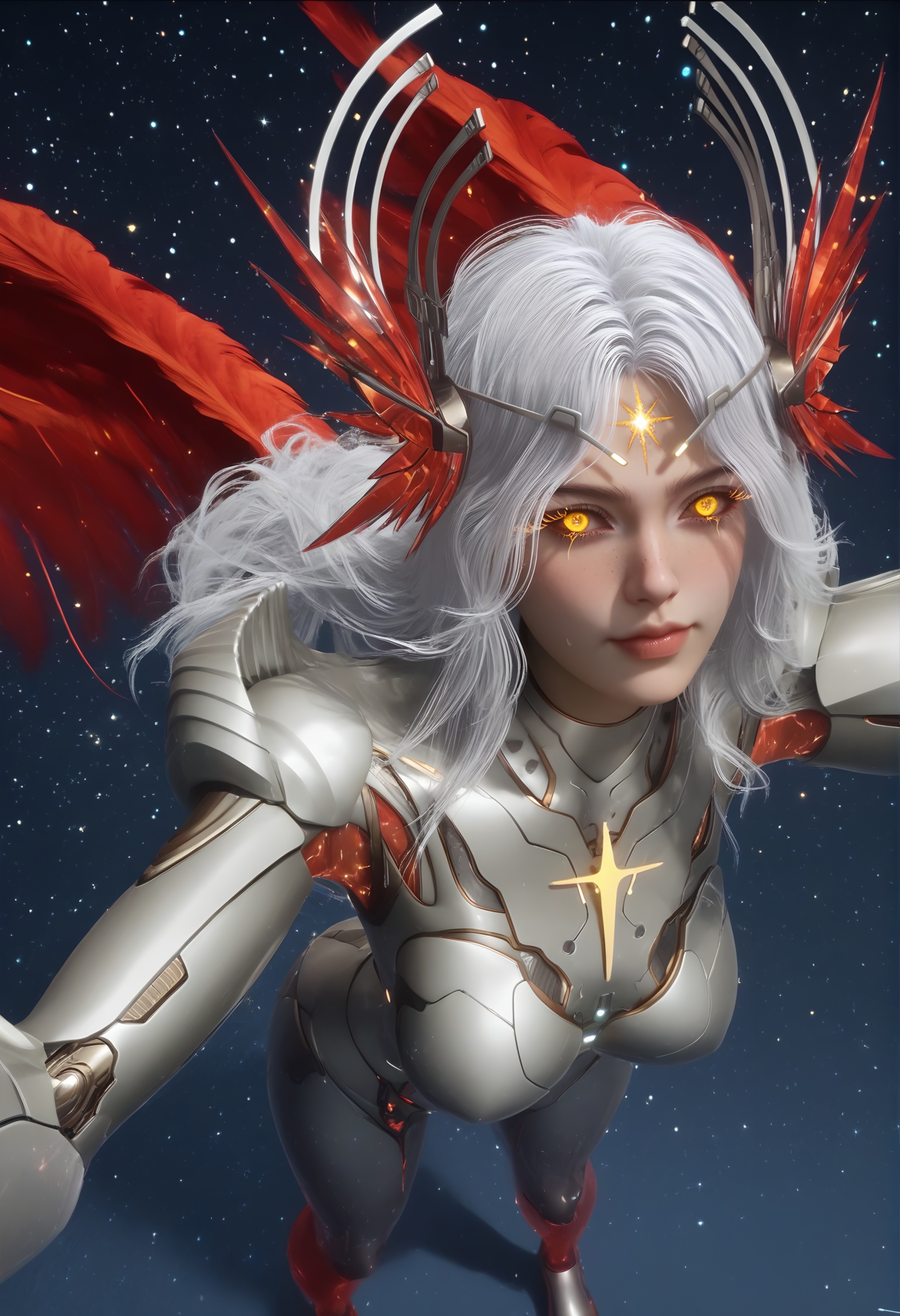 (score_9),standing,<lora:星幻王-apony-000008:0.83>,mechanical angel,xinghuanwang,1girl,solo,joints,ringed eyes,long eyelashes,freckles,hair ornament,long hair,white hair,glowing markings,glowing eyes,yellow eyes,Metallic horn-like ornament,blending feathers and mechanical parts,power armor,shoulder armor,wings,feathered wings,red wings,large_wings,legs,cybernetic legs,calf,glowing veins on calf,lower leg,cybernetic calf,bare legs,mature_female,BREAK<lora:Expressive_H-000001:0.78>,light blush,Expressiveh,ringed eyes,looking at viewer,front view,dutch angle,dynamic_angle,from above,selfie,v sign,closed mouth,fair_skin,(pale skin),(sweaty_skin),BREAKsimple background,<lora:e色温:0.25>,sparkle,blurry background,star \(symbol\),starry sky,star \(sky\),universe,hyper_galaxy,4K ultra HD,sharp focus,high detail,high contrast,