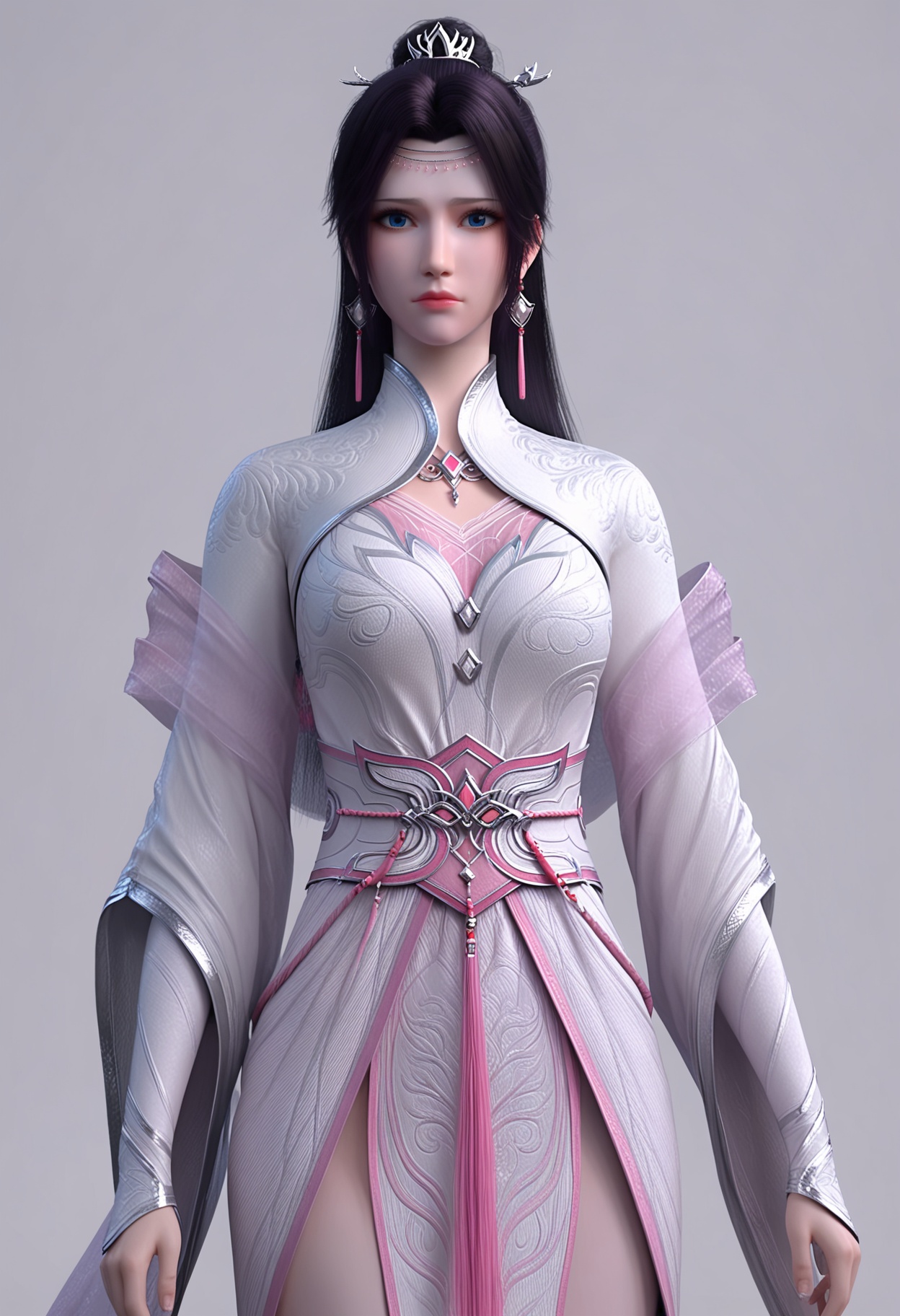 score_9,high detail,best quality,shiny skin,shiny,yunyunhz,1girl,solo,blue eyes,long hair,black hair,white background,dress,jewelry,earrings,chinese clothes,simple background,closed mouth,realistic,hair ornament,white dress,expressionless,hair bun,tassel,long sleeves,looking at viewer,thighs,<lora:QQSponyyunyunhzV1:0.8>,<lora:Pony_DetailV2.0:0.8>,<lora:皮肤凹痕:0.1>,