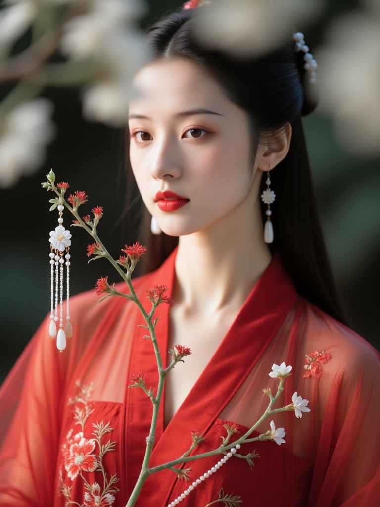 wm, A photograph of an Asian woman with fair skin and long, straight black hair. She wears a vibrant red traditional Chinese robe adorned with intricate floral embroidery. She holds a delicate, red and white floral branch with dangling white pearls. Her makeup is subtle, with red lipstick and soft eye shadow. The background is blurred, featuring soft green foliage.<lora:S-T-唯美古风_S1.5:1>
