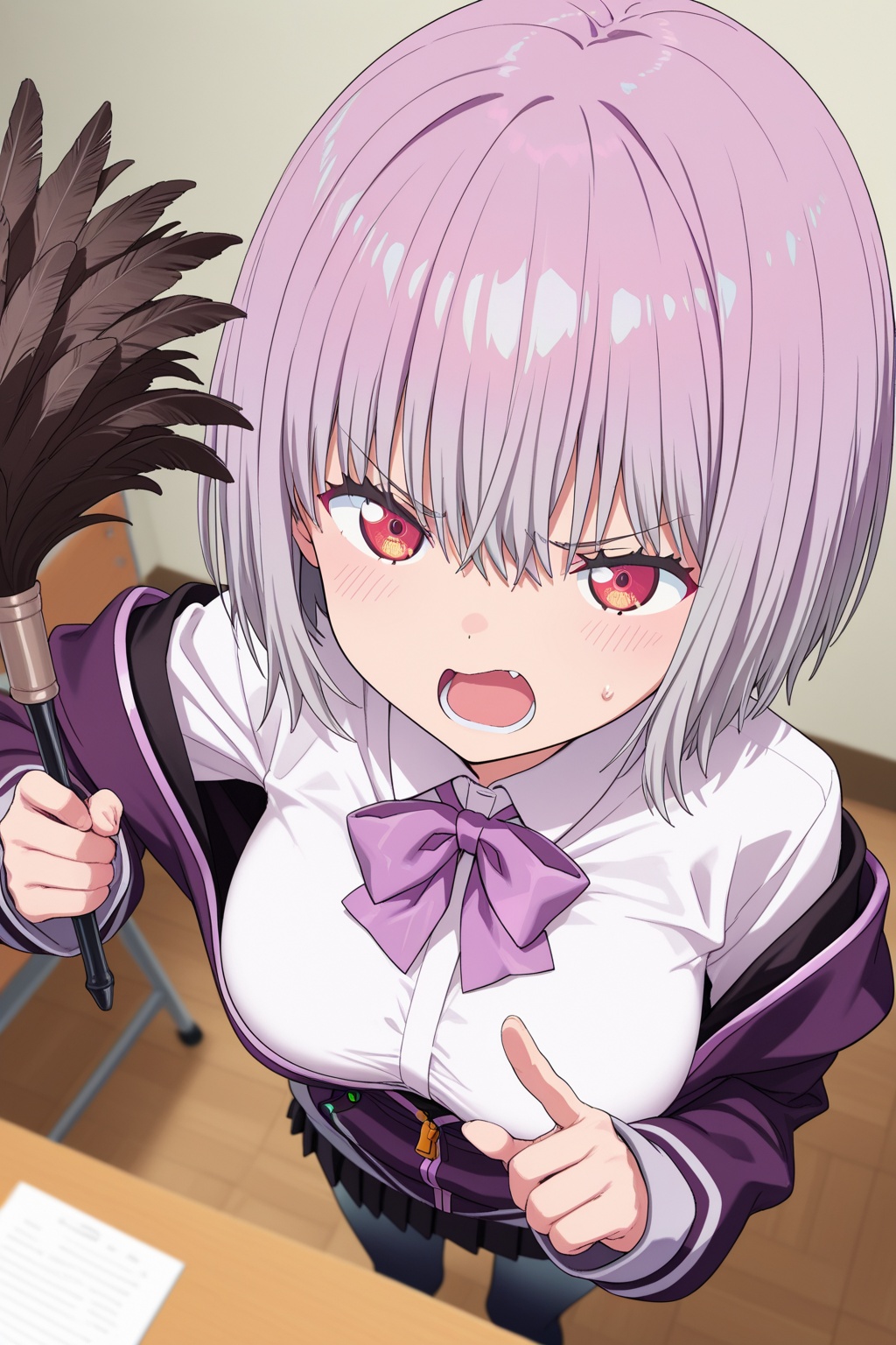 masterpiece,best quality,amazing quality,very aesthetic,absurdres,newest,highres,(enkyo yuuichirou:0.3),(toosaka asagi:0.3),(sayori \(neko works\):0.3),(sincos:0.3),1girl,solo,shinjou akane,gridman universe,Tsundere,strabismus,from above,raise the feather duster and point it at you,pointing at you,a desk full of sundries,