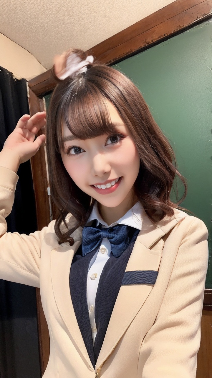 <lora:沙月芽衣-1:1.0>,syyy,1girl,solo,brown hair,brown eyes,school uniform,realistic,looking at viewer,smile,bow,chalkboard,jacket,blazer,shirt,hand up,bowtie,red bow,teeth,upper body,white shirt,bangs,indoors,