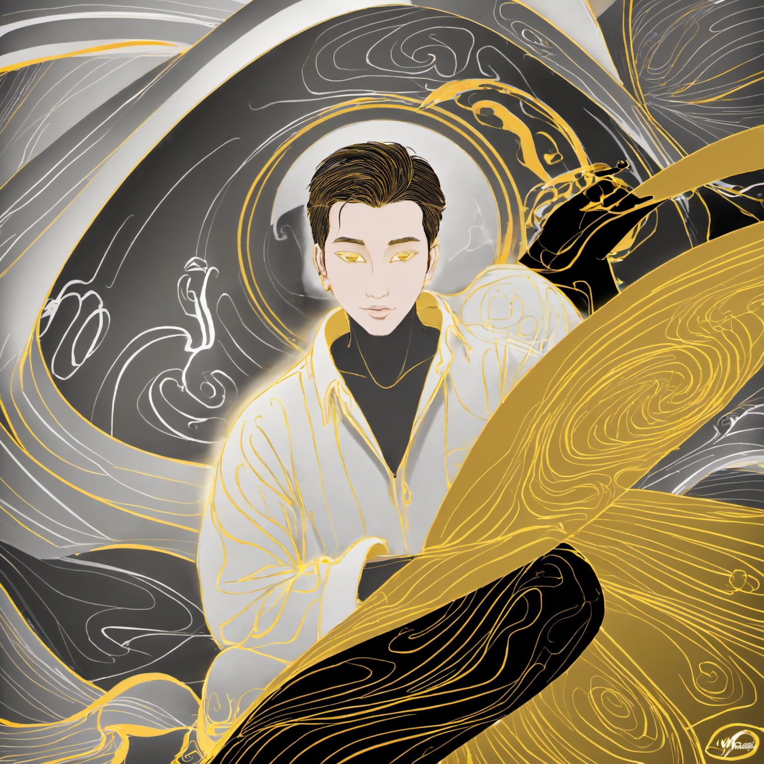 a man,<lora:eastern_mythology_xl:0.8>,golden line,mix,