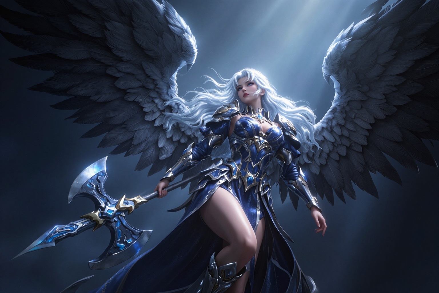YY Anime style,CG,a powerful female angel warrior in a low-angle perspective, emphasizing her dominance. She has long, flowing white hair and wears an ornate, metallic blue and silver armor with intricate patterns. Her large, dark feathered wings are spread wide, creating a dramatic effect. She holds a large, double-edged axe with a blue and silver blade in her right hand. Her armor reveals her midriff and upper thighs, showcasing her toned physique. Her breasts are partially covered by the armor, and she has a confident, fierce expression. The background is dark and misty, with a faint glow of blue light above her head, highlighting her as the central figure. The image has a fantasy, epic style with high detail in the textures of the feathers, metal, and fabric. The camera angle is from below, looking up at the angel warrior, making her appear even more imposing. The overall color palette includes dark blues, silvers, and whites, with a focus on metallic and feather textures. The lighting emphasizes her form and the details of her armor and wings.