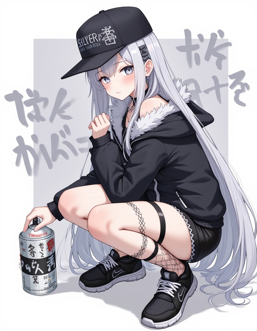 1girl, solo, grey hair, jacket, long hair, shoes, silver wolf \(honkai: star rail\), hat, looking at viewer, squatting, black jacket, baseball cap, grey eyes, shorts, drill hair, graffiti, sneakers, holding, black shorts, thigh strap, fur trim, bare shoulders, black headwear, hair ornament, thighs, spray can, off shoulder, bottle, fishnets