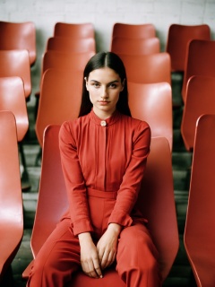 film grain analog photography,poised woman fair complexion, dressed vibrant red jumpsuit full sleeves black collar detail, sits elegantly crimson chair, duplicated chairs adjacent, forming coherent row; red headscarf encases hair,,