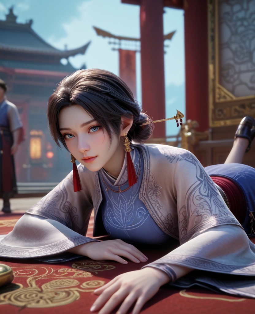 (oriental architecture, elegant decor, sophisticated style:1.1),(lying face down, head toward the camera:1.1),(breasts:1.2),<lora:XL16牧神记锦娘:0.95>,miss jinniang,blue shirt,white  jacket,blue eyes,black hair,single hair bun,earrings,red maxiskirt,wide sleeves,black footwear,, score_9,score_8_up,score_7_up,score_6_up,score_5_up,score_4_up,3d rendering,tag1,tag2, Cinematic Lighting,backlighting,