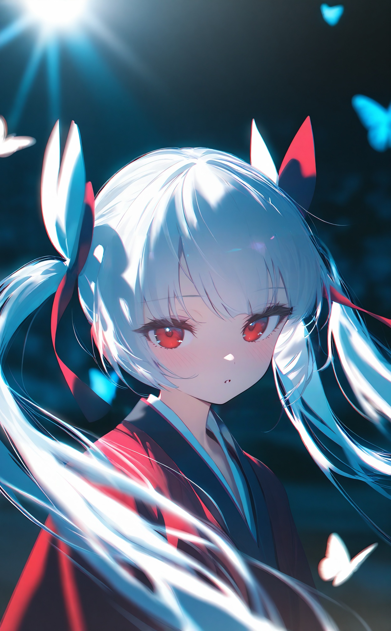 masterpiece,best quality,high quality,loli,chromatic_aberration,//,night,1girl,solo,long hair,looking at viewer,blush,bangs,red eyes,long sleeves,twintails,very long hair,upper body,white hair,hair bow,parted lips,hanfu,Red Hanfu,blurry,:o,floating hair,depth of field,animal,bug,butterfly,//,//,official art,depth of field,detailed light,blurry background,cinematic lighting,ray tracing,ultra detailed,god rays,backlighting,photo background,film grain,chromatic aberration,volumetric lighting,depth of field,blurry background,shiny skin,floating hair,cinematic lighting,day,very aesthetic,,//,<lora:MAQ1109——【noob】hans:1>,