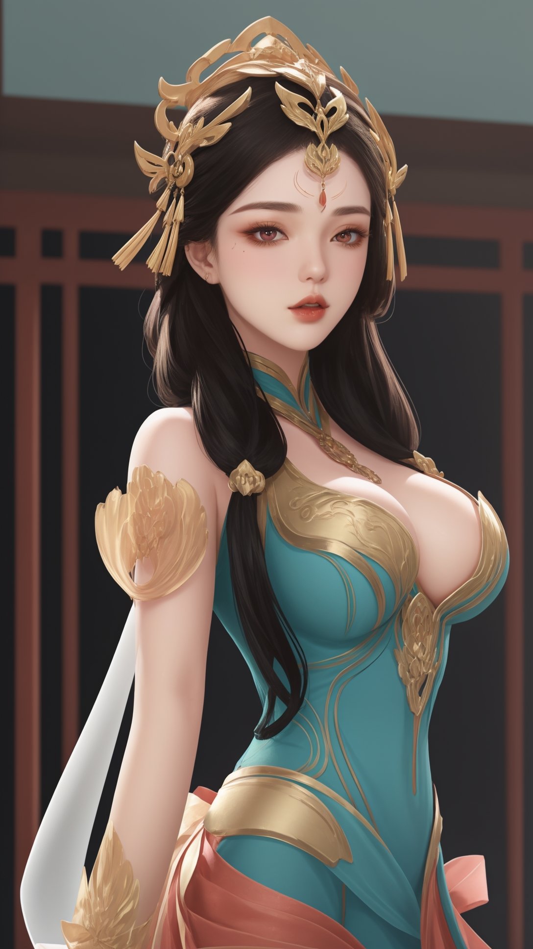 (1girl),smooth chin,masterpiece,detailed face,((hair ornament:1.2)),top quality,4k,make up,best quality,large breasts,(looking at viewer),red ribbon,dress,arms behind back,(wariza),shawl,detached sleeves,chinese building,forehead mark,golden hair ornament,<lora:王者杨玉环原皮_v1.1:0.7>,