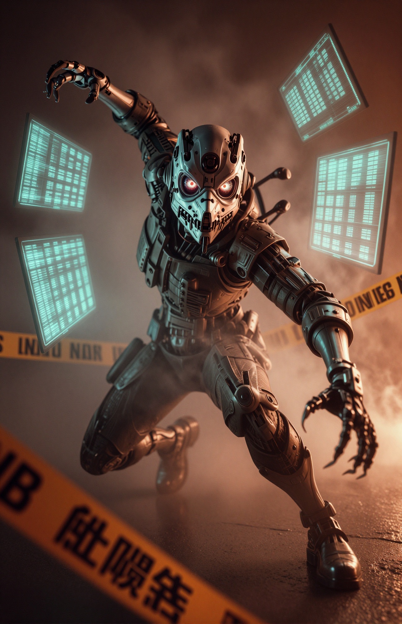 雾娘机械口罩， 昏暗铜色雾气弥漫危险警告禁字符咒封条胶带流光数据显示崩坏环绕躯体全息投影散发出危险恐怖荧光发光瞳孔危险疯狂夸张前卫大胆的动作姿势现实摄影级立体氛围感照片，经典，复古怀旧动态不平衡镜头拍摄，