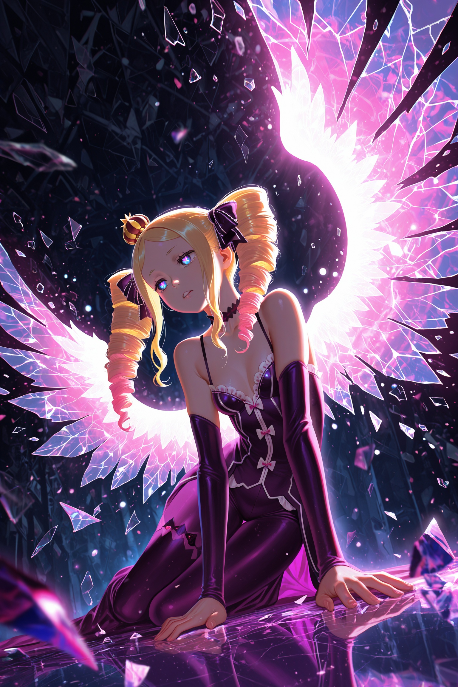 (1 girl), (Beatrice Re:zero, blonde hair, blue and pink eyes, drill twintails)(alluring, mesmerizing, captivating, sensual)(Evangelical aesthetic), (floating glass shard, floating broken glass, reflection), ((detailed background:))(tragic beauty, dramatic, artistic), (angelic:1.4), (ethereal), (beautiful:), (sensitive), (abstract anime, artistic anime:1.5)(Overexposed lighting), (cinematic lighting), (dramatic lighting:1.3), (high contrast lighting), (volumetric lighting:1.3), (volumetric rays:1.1), (soft shadows), (bloom:1.1), (rim light:1.1), (glowing:1.4), (HDR)(dynamic pose:1.3), (dynamic angle:1.2), (foreshortening:1.3), (extreme perspective:1.3), (shallow depth of field), (background blur), (sense of depth:1.5), (hair strand:1.2)(Artist:"Alphonse_(white_datura)"),(artistic,painting), (lush colors:1.1), (vibrant colors:1.3), (rich colors palette:1.3), (detailed), (masterpiece:1.1), (best quality), (absurdres), (highres), (amazing quality), (newest), (aesthetic)