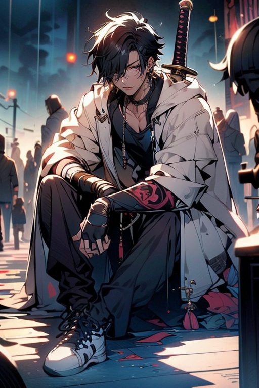 (masterpiece:1.2),best quality,highres,extremely detailed CG,perfect lighting,8k wallpaper,anime,comic,game CG,1boy, gloves, fingerless gloves, weapon, black hair, male focus, sitting, black gloves, solo, sword, shirt, black pants, pants, shoes, earrings, white footwear, closed mouth, looking at viewer, black shirt, jewelry, short hair, collared shirt, white jacket, hair between eyes, katana, sneakers, collarbone, ear piercing, sheath, jacket, full body, bangs, hair over one eye, black eyes<lora:FF_20240226194024:1>,