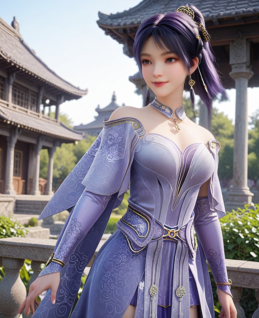 (oriental architecture, elegant decor, sophisticated style:1.1),(Standing with arms crossed and a confident smile,:1.1),(breasts:1.2),<lora:XL遮天姬紫月2:0.95>,miss jiziyue,blue dress,shawl sleeves,purple hair,jewelry,bare shoulders,elbow gloves,sash,blue eyes,hair ornament,tassels,ponytail,inner skirt,, score_9,score_8_up,score_7_up,score_6_up,score_5_up,score_4_up,3d rendering,tag1,tag2, Cinematic Lighting,backlighting,