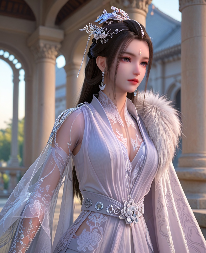 (oriental architecture, elegant decor, sophisticated style:1.1),(practicing push-up:1.1),(breasts:1.2),<lora:XL少白醉春风玥瑶:0.8>,miss yueyao,chiffon dress layered on top of slit peplos,black hair,long hair,hair ornament,hair bun,hair flower,crescent earrings,jewelry,shoulder pearl chain,left shoulder fur trim,left shoulder shawl,sash,forehead jewel,beads under eye,lace opera length gloves,, score_9,score_8_up,score_7_up,score_6_up,score_5_up,score_4_up,3d rendering,tag1,tag2, Cinematic Lighting,backlighting,