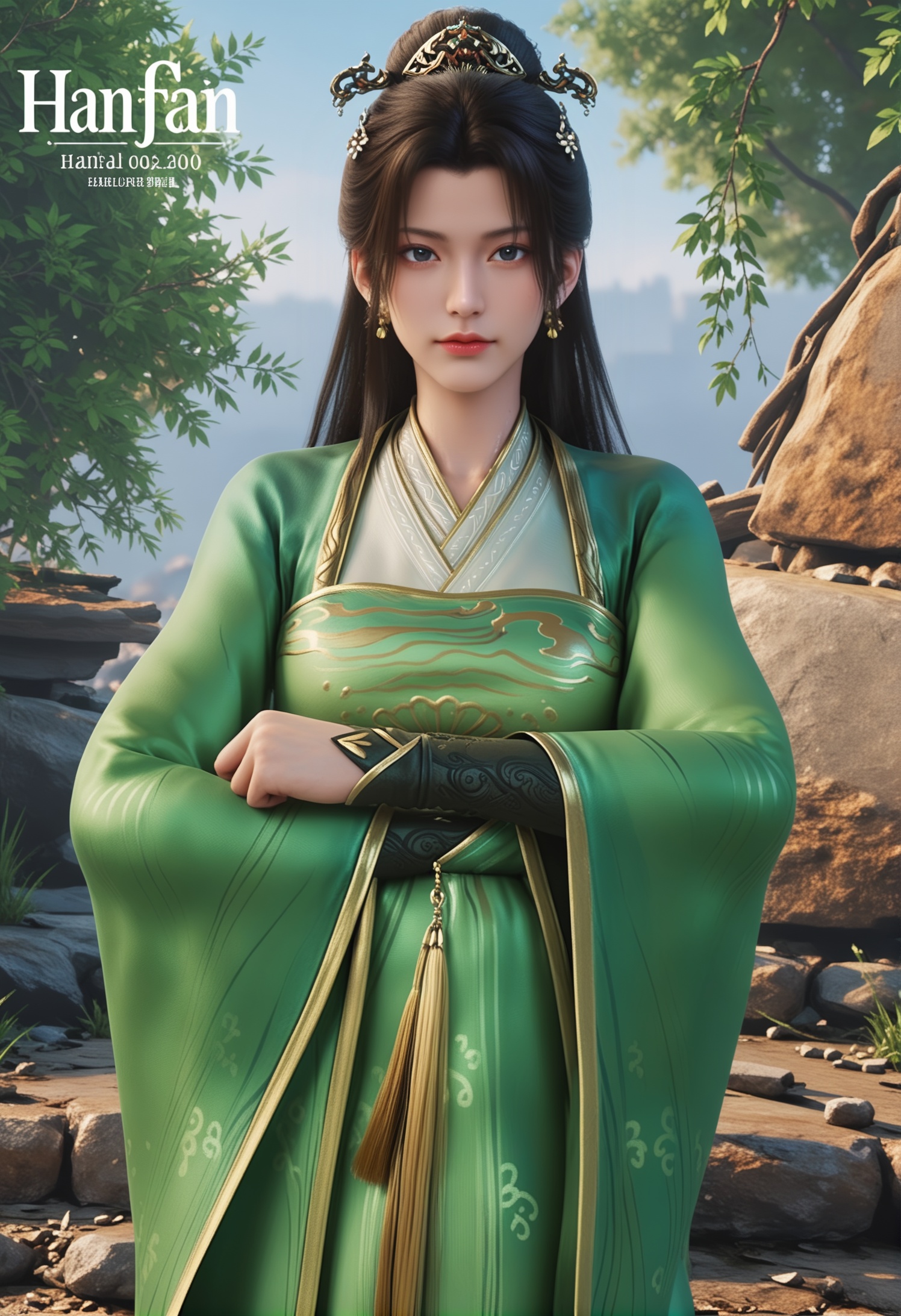 score_9,score_8_up,score_7_up,1girl,solo,realistic,(looking at viewer:1.1),1girl,solo,realistic,dress,hanfu,chinese clothes,green dress,qq2551213441,long sleeves,wide sleeves,realistic,jewelry,hair ornament,tassel,tassel earrings,earrings,1girl,solo,realistic,(mature face:1.2),big eye,(pale_skin:1.1),shiny_skin,slender face,long hair,black hair,hair bun,braid,closed mouth,realistic,solid background,simple background,(magazine cover theme:0.75),(white chair:0.8),<lora:小巳-杨花pony:0.85>,