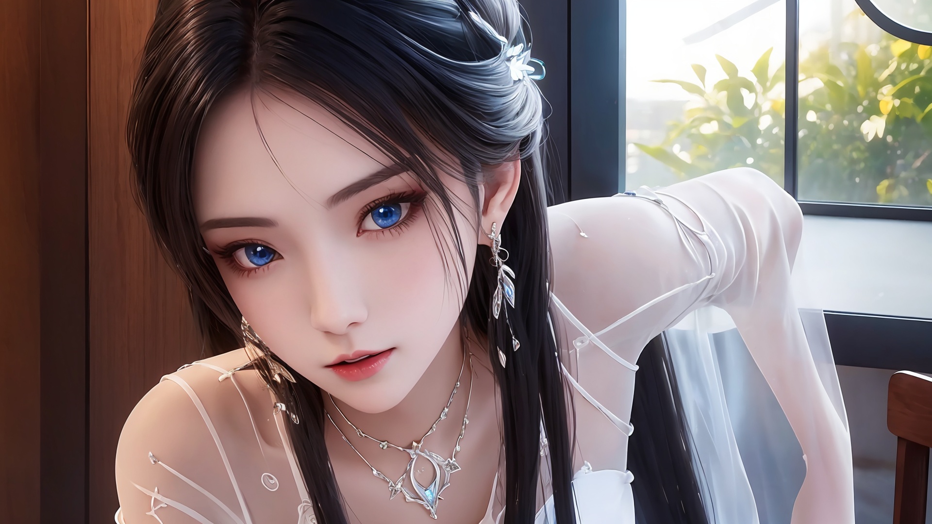 1girl,jewelry,solo,black hair,long hair,earrings,dress,upper body,white dress,veil,indoors,necklace,hair ornament,table,window,looking at viewer,closed mouth,blue eyes,<lora:girl solo luxueqi_20240911015355:0.6>,<lora:SD1.5泛光调节_v1.0:0.5>,