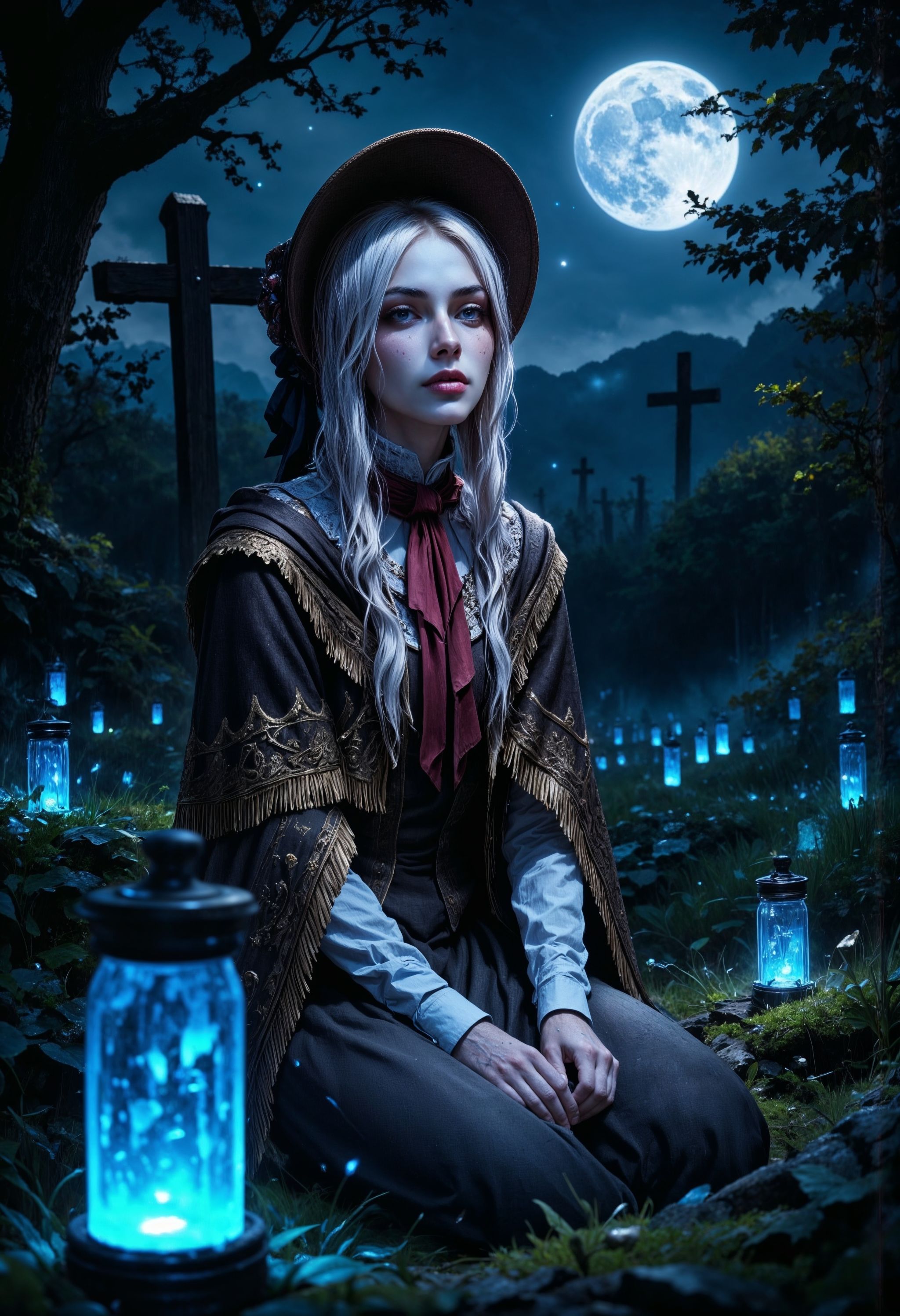 masterpiece,  ultra realistic,  a beautiful PlainD0ll sitting in a graveyard under the moon on Tensor.Art