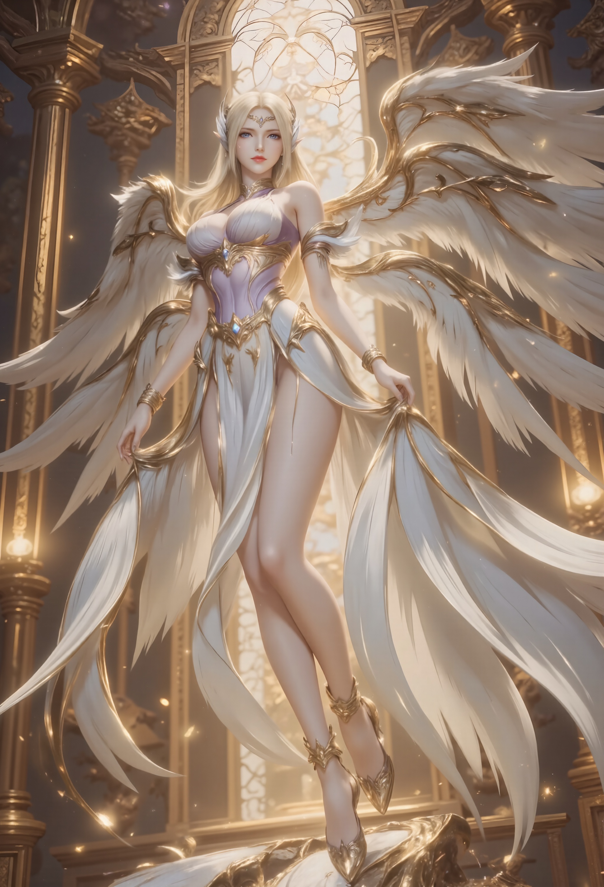 <lora:神装千仞雪·5:1.2>,qianrenxue,1girl,blonde hair,wings,breasts,solo,long hair,jewelry,angel wings,bracelet,full body,dress,bare shoulders,armlet,looking at viewer,blue eyes,gold,anklet,angel,indoors,lips,10,the broken golden temple,movie quality,6k resolution,<lora:DJ滤镜_2.5D版:0.4>,lvjing,<lora:油画唯美滤镜15:0.3>,baoshi,