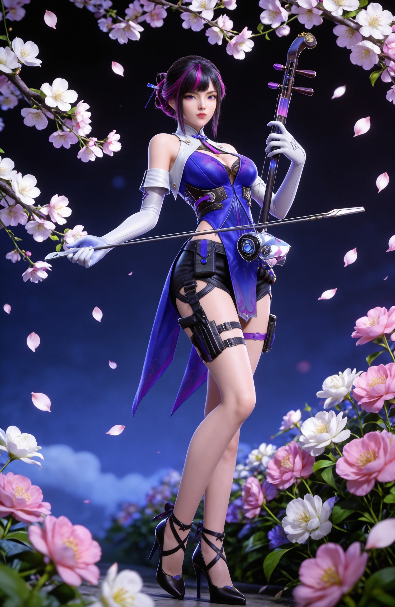 <lora:CF-虹儿Pony:0.8> 1girl, solo, looking at viewer, short hair, black hair, gloves, bare shoulders, standing, purple eyes, full body, purple hair, flower, weapon, multicolored hair, necktie, shorts, elbow gloves, white gloves, black footwear, hair bun, two-tone hair, streaked hair, high heels, petals, thigh strap, black shorts, chinese clothes, cherry blossoms, pink flower,urheen \(music\), holding instrument