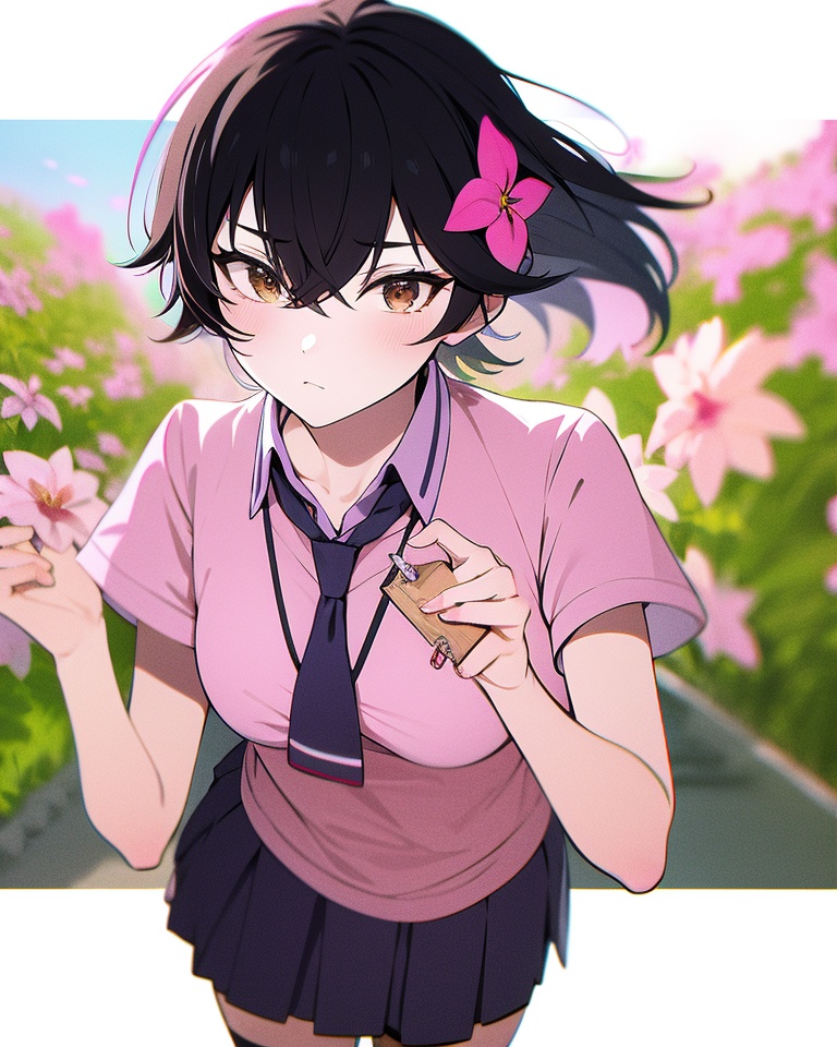 kanbaru suruga, 1girl, naoetsu high school uniform, skirt, solo, short hair, flower, school uniform, purple skirt, lily \(flower\), looking at viewer, bike shorts, black hair, pink shirt, book, shirt, pleated skirt, shorts under skirt, short sleeves, shorts, cowboy shot, brown eyes, necktie, closed mouth, floating object, standing, chromatic aberration, bike shorts under skirt, hair between eyes