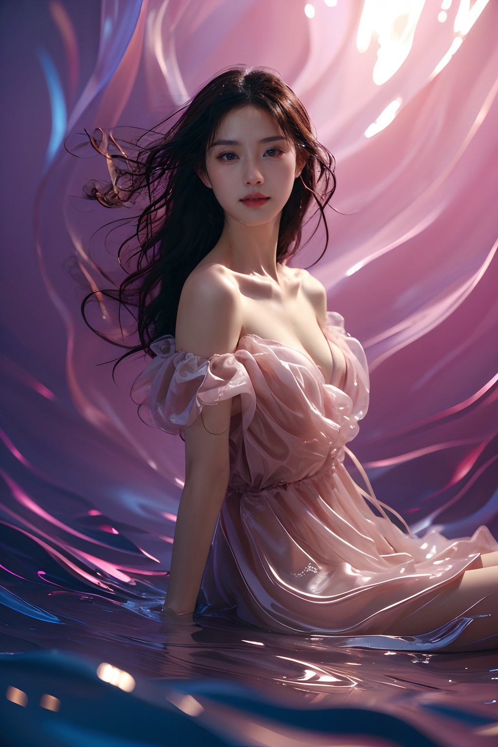 sd mai, piao, 1girl, solo, long hair, looking at viewer, dress, breasts, realistic, lips, sitting, black hair, bare shoulders, brown hair, parted lips, water <lora:飘piao:0.8>