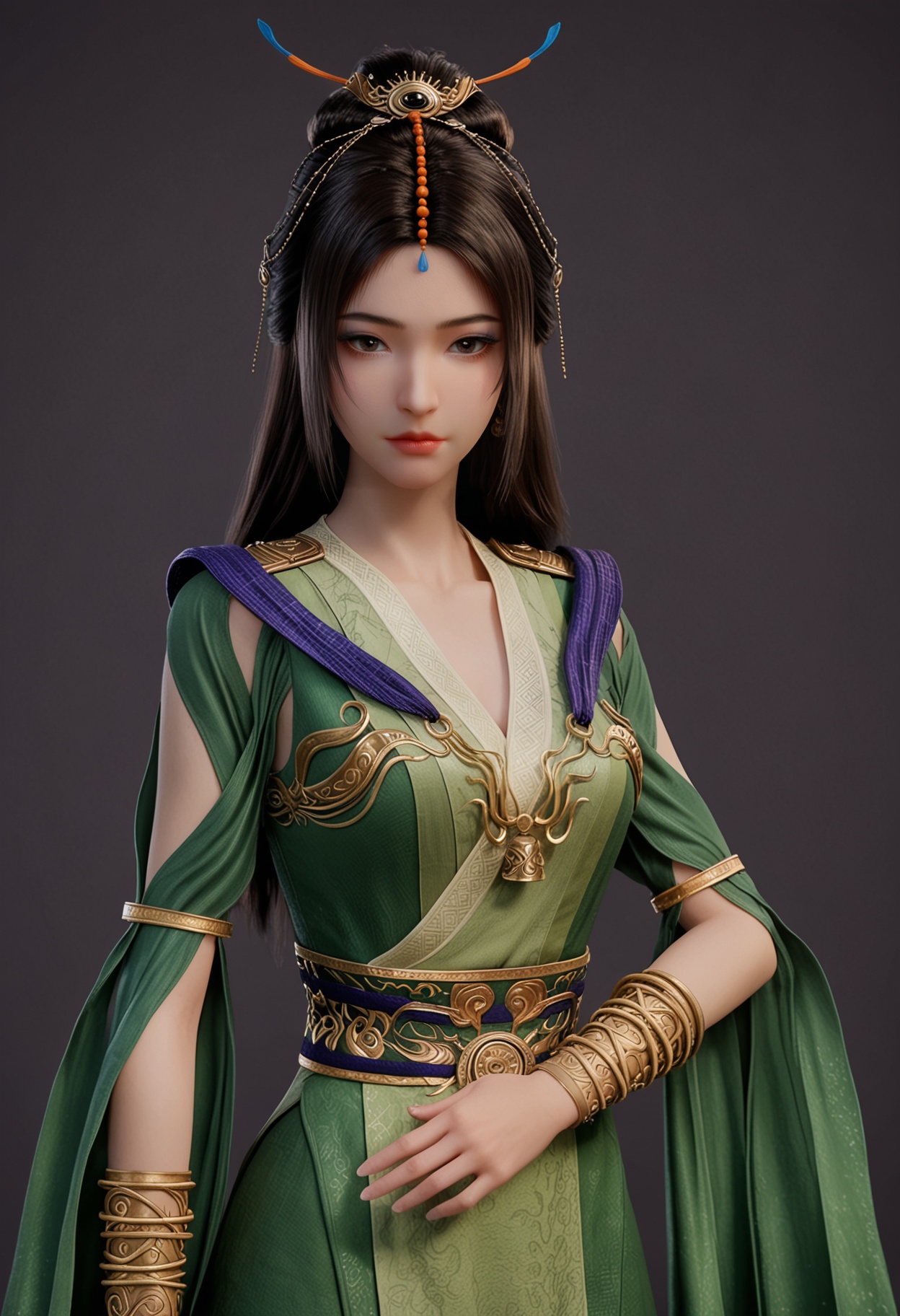 score_9,looking_at_viewer,upper body,(large breasts:0.8),liuyu,1girl,solo,black hair,hair ornament,long hair,green dress,realistic,dress,chinese clothes,closed mouth,jewelry,bracelet,sash,hair bun,brown eyes,clothing cutout,barefoot,(simple background,pure black background,black background:1.1),perfect_anatomy,<lora:QQSponyliuyuV1:0.8>,
