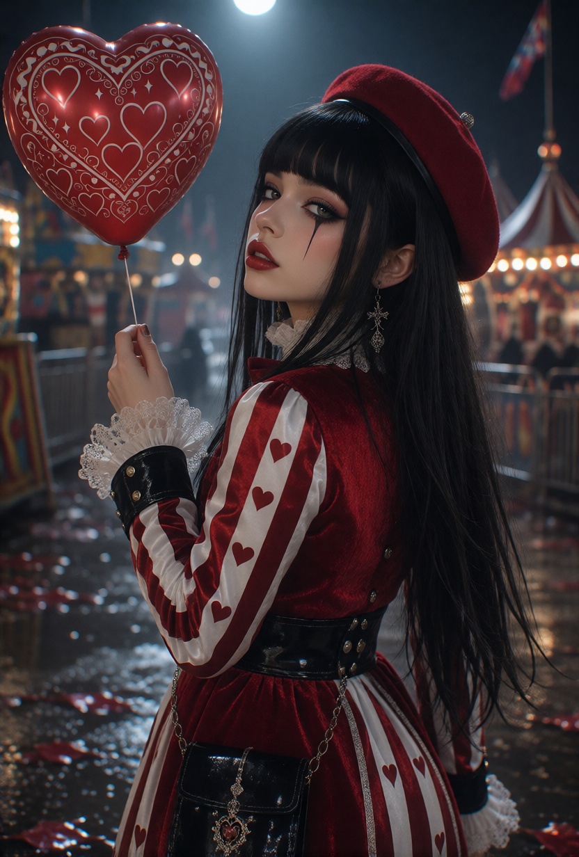 NylaX,  long straight black hair with blunt bangs,  . Title: "Enigmatic Carnival Clown"Description:A 25-year-old woman sta...
