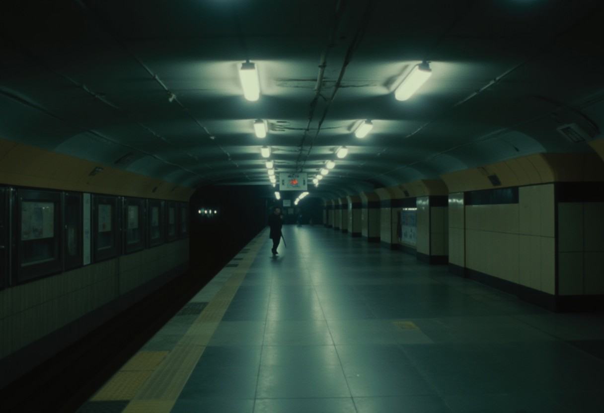 The subway station with no one person.Wong Kar-wei Cinematic Style.Vague background and prospect. on Tensor.Art
