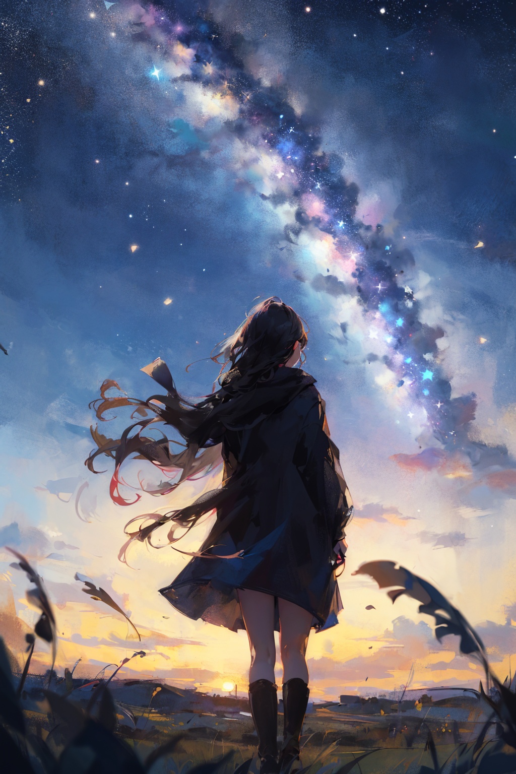 masterpiece,best quality,from behind,your name,1girl,solo,far away,silhouette,grass,nature,open field,landscape,night,shooting star,starry sky,