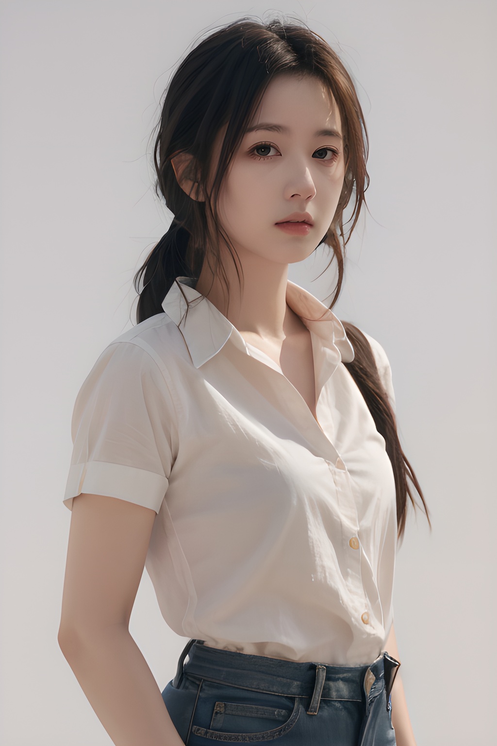 <lora:0806_10:0.7>,simple background,untucked_shirt,, 1girl,realistic,masterpiece, best quality, photorealistic, HDR,detail