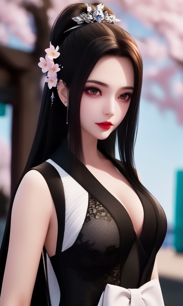 (,1girl, ,best quality, ),looking at viewer, <lora:411-DA-太一剑仙传-季师师:0.8> ultra detailed background,ultra realistic 8k cg,ultra detailed 8k cg,masterpiece,upper body,  (( , )),, ,science fiction,mole, ultra realistic 8k cg, ,    ,outdoors, sun,sunlight, cherry blossoms,      (cleavage), (), blurry, depth_of_field, blurry_background, 1girl, blurry_foreground, black_hair, mole, solo, lips, motion_blur, nose, makeup,