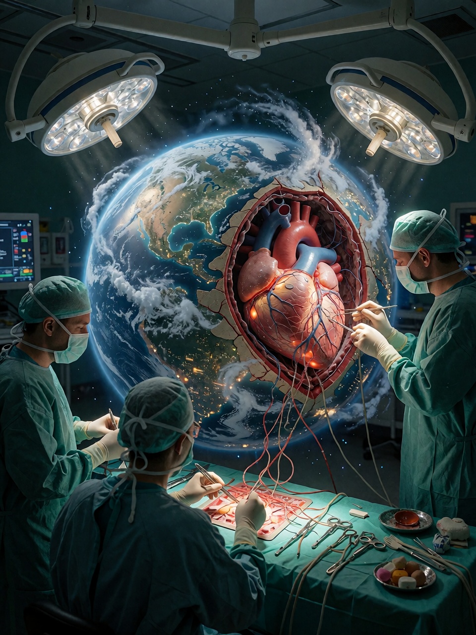 A surgical operating room of impossible scale where a team of human surgeons performs open-heart surgery on a small living...