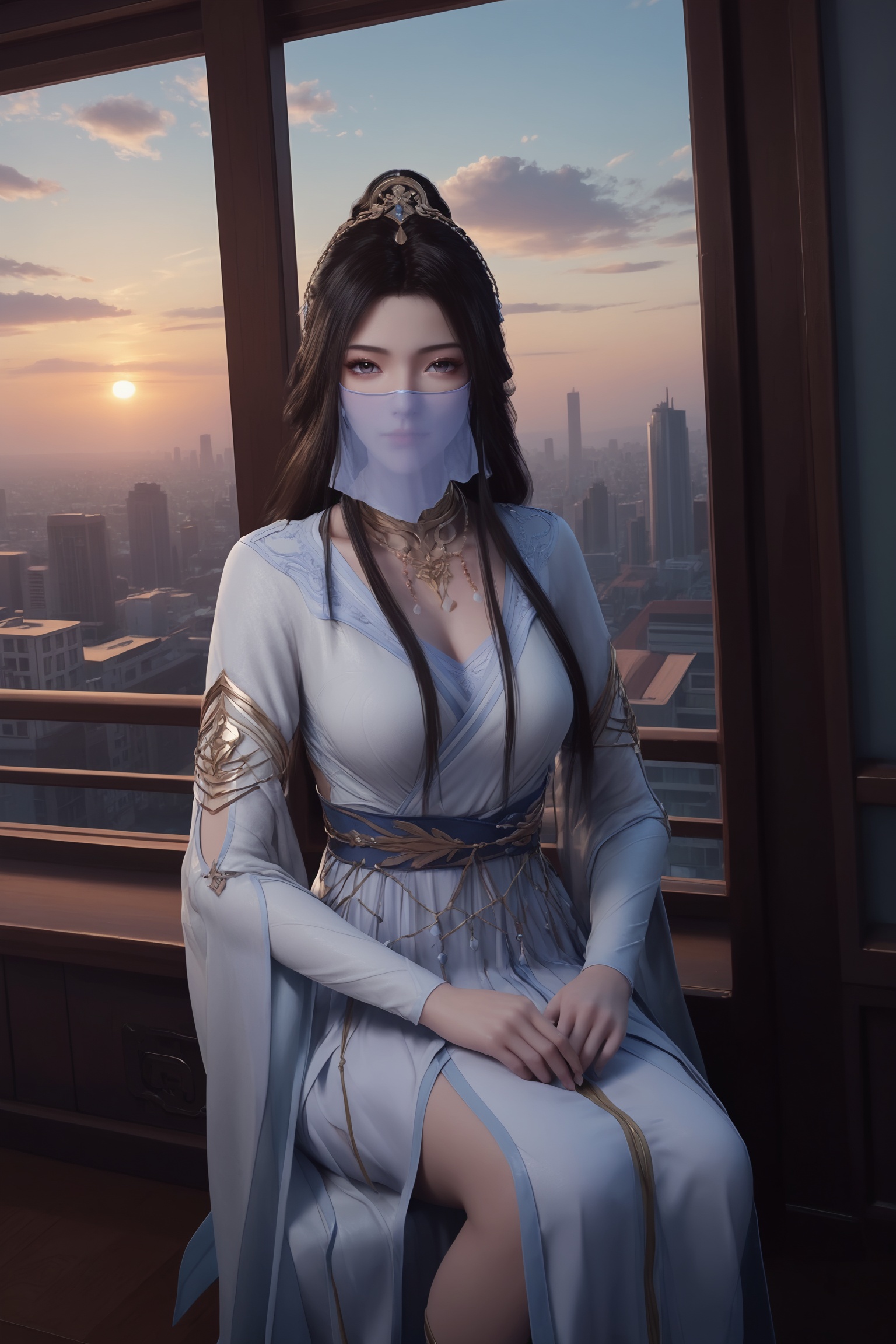 score_9_up,1girl,solo,sitting,window,frills,sky,cloud,indoors,cityscape,closed_mouth,sunset,looking at viewer,<lora:凡人-紫灵结丹初期:0.7>,long,straight black hair,a light blue gown with intricate golden details,high collar,long sleeves,golden belt,white cloth mask,