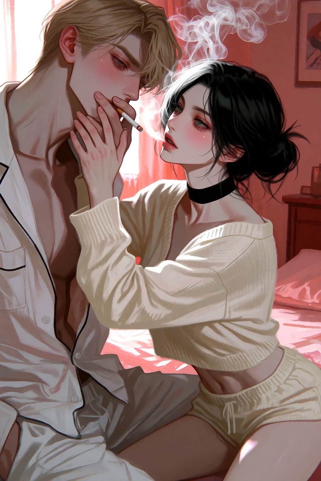 A close-up shot depicts two figures sitting on a bed in a tense,  intimate interaction while making eye contact against a...