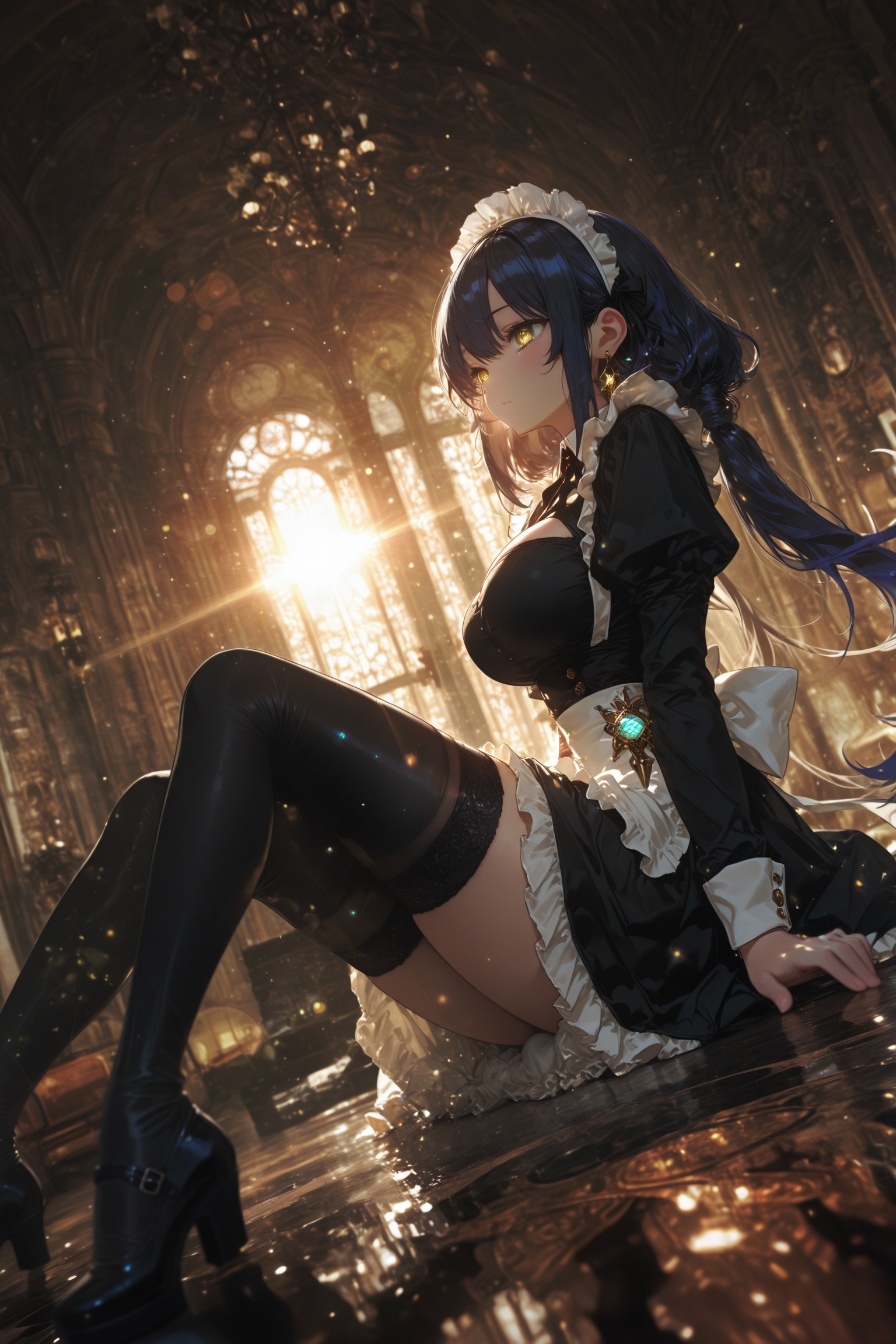 masterpiece,best quality,amazing quality,very aesthetic,absurdres,newest,in the style of fashion photography,light particles,cinematic lighting,Visual impact,sharp focus,Emotionalization,impactful picture,lens flare,depth of field,dynamic pose,dutch angle,extreme aesthetic,scenery,1girl,large breasts,black thighhighs,cyan_hair,low_twintail,long_hair,gold_eyes,maid,gold earrings,